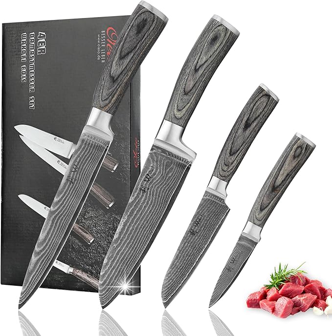 Wakoli EDIS Damascus 4-Piece Knife Set – Japanese Style Kitchen Knives | Genuine Damascus Steel Blades with VG10 Core | Ergonomic Pakkawood Handles | Professional Chef Knife Set in Wooden Gift Box