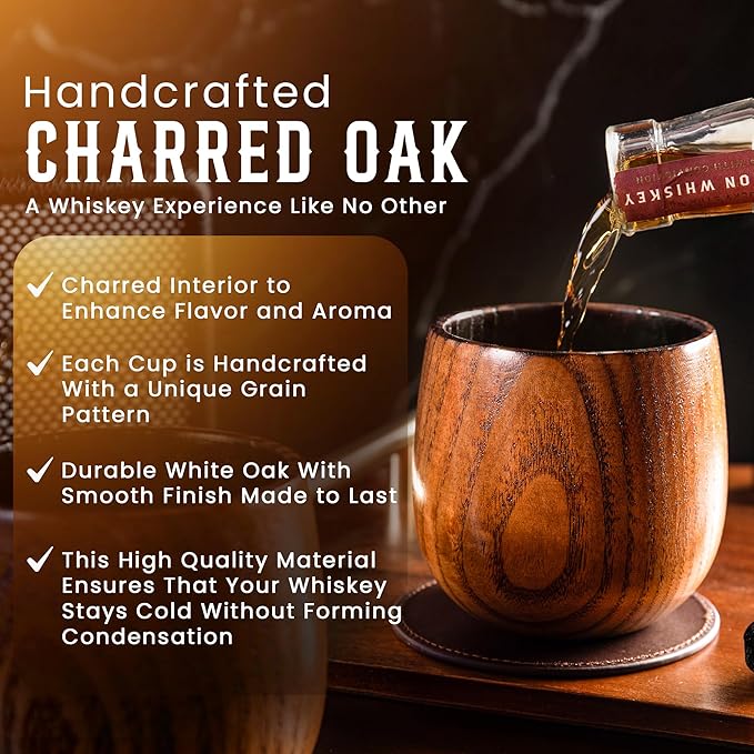 Oak & Hide Charred Oak Whiskey Glasses Wooden Set of 2 with 2 Premium Leather Coasters – Perfect Birthday, Anniversary, Bachelor, or Father’s Day Gift for Men