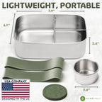 Everusely - Bento Box - Sage, 47oz / 1.4 L - Stainless Steel Lunch Box with Leakproof Condiment Container - 3 Compartment Snack Organizer for On the Go Meals - Freezer & Dishwasher Safe