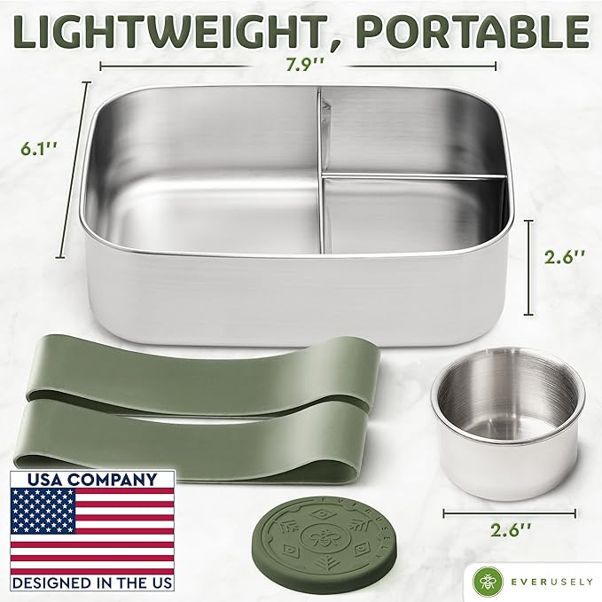 Everusely - Bento Box - Sage, 47oz / 1.4 L - Stainless Steel Lunch Box with Leakproof Condiment Container - 3 Compartment Snack Organizer for On the Go Meals - Freezer & Dishwasher Safe