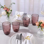 Purple Glassware set of 4, 10OZ Drinking Glasses, Purple Heavy Duty Glass Cups, Colored Glassware Set, Embossed Glasses Set for Party Wedding Home Office Gift