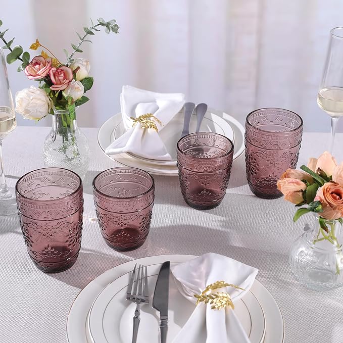 6Pcs 14OZ Drinking Glasses, Purple Drinking Glasses, Colored Glassware Drinking, Highball Beverage Glasses Cup, Vintage Glassware Set for Water, Juice, Cocktail, Coffee