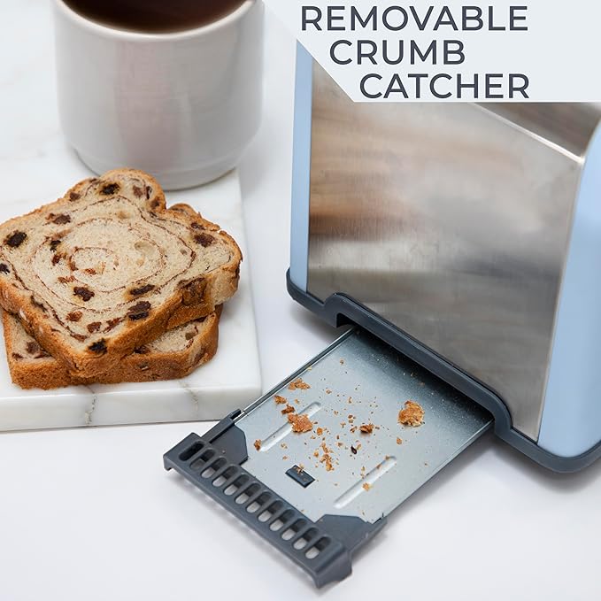 Rae Dunn Toaster, Stainless Steel 2 Slice Square Toaster, Wide Slot with 5 Browning Levels, with Bagel, Defrost and Cancel Options (Baby Blue)
