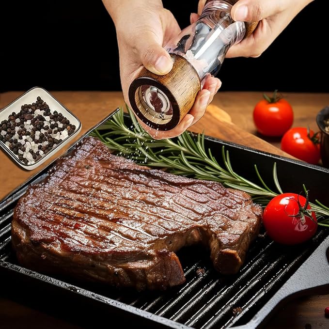 Salt and Pepper Grinder Set Wooden Pepper Mill, 2pcs 6 Inch Archaizing Manual Pepper Grinder Adjustable Coarseness Salt and Pepper Shakers with Transparent Acrylic