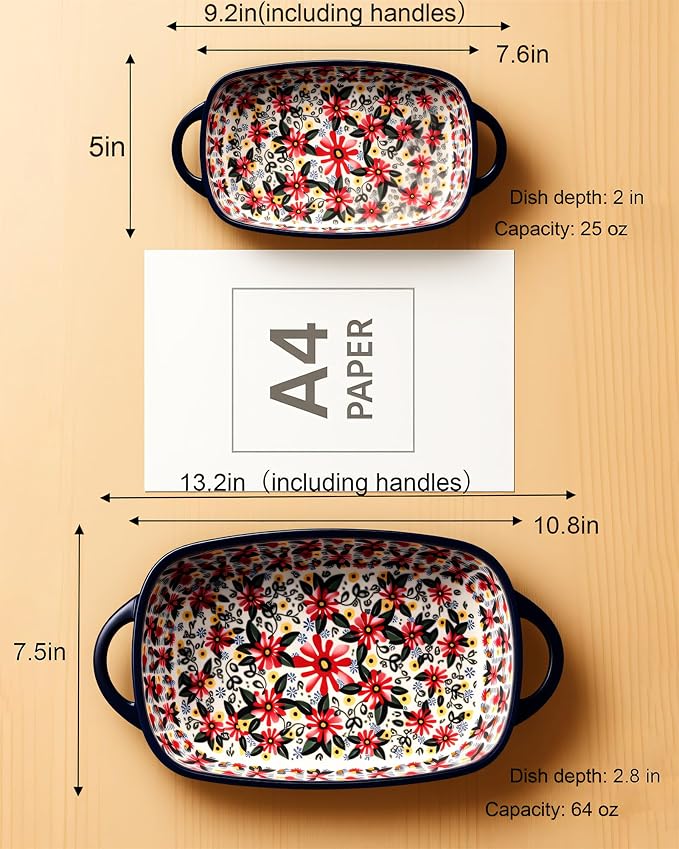 Ceramic Baking Dish Set of 2 – Decorative Polish Pottery Style Casserole Dishes with Handles, Cute Oven-Safe Lasagna Bakeware Gift Set