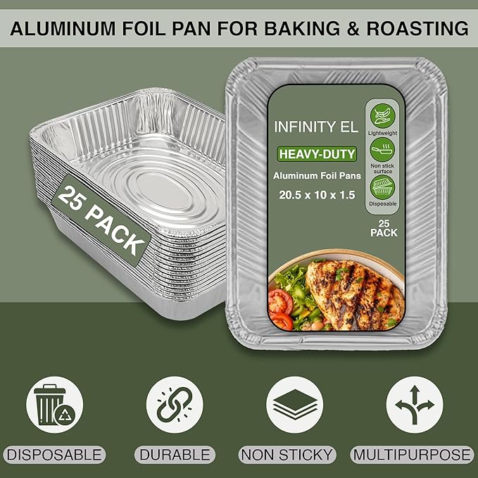 INFINITY EL Disposable Aluminum Foil Pans 25 Pack | Half Shallow 12.5" x 10" x 1.5" Deep Disposable Baking Pan | Heavy Duty Aluminum Pan for Roasting Turkey, Lasagna, Thanksgiving, Christmas & Parties