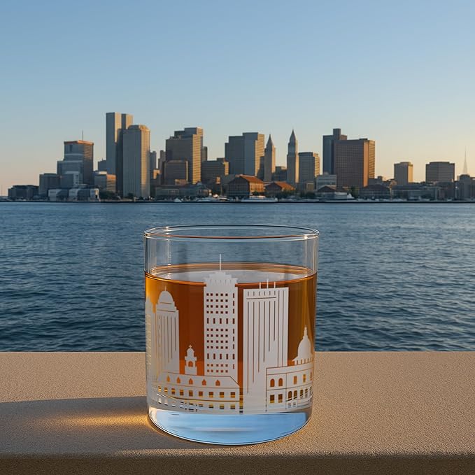 Greenline Goods – Boston, MA Skyline Whiskey Glasses (Set of 2), 10 oz – Rocks/Old Fashioned Tumblers