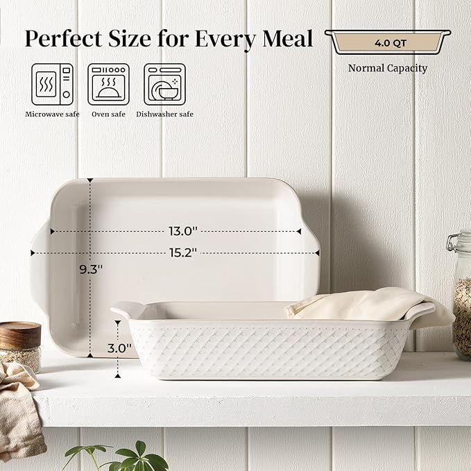 DOWAN 9x13 Deep Lasagna Baking Dish, Ceramic Casserole Dish for Oven, 4 Quarts Embossed Baking Pan with Handles, Oven Safe Bakeware for Roasting, Desserts, Durable & Giftable, Arctic White