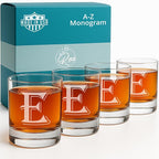 (E-Monogram)- 4 Piece Set of 11 Ounce Engraved Heavy Base Rocks Glasses Elegant Glass-Multi-Purpose Beverage-Rocks Glass- Gift for any Occasion- By: On The Rox