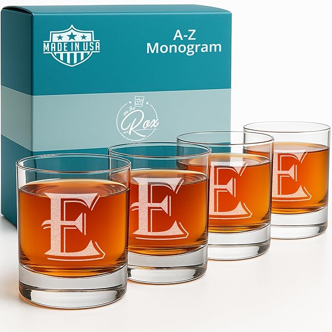 (E-Monogram)- 4 Piece Set of 11 Ounce Engraved Heavy Base Rocks Glasses Elegant Glass-Multi-Purpose Beverage-Rocks Glass- Gift for any Occasion- By: On The Rox