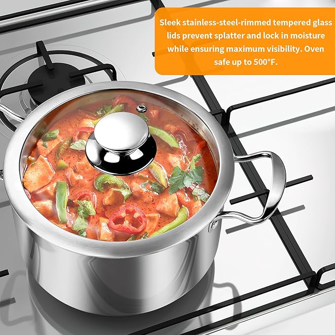 Stainless Steel Pots and Pans Set, 6 Piece Kitchen Induction Cookware Sets with Glass Lids, Works with Induction, Electric and Gas Cooktops, Non Toxic, Oven & Dishwasher Safe