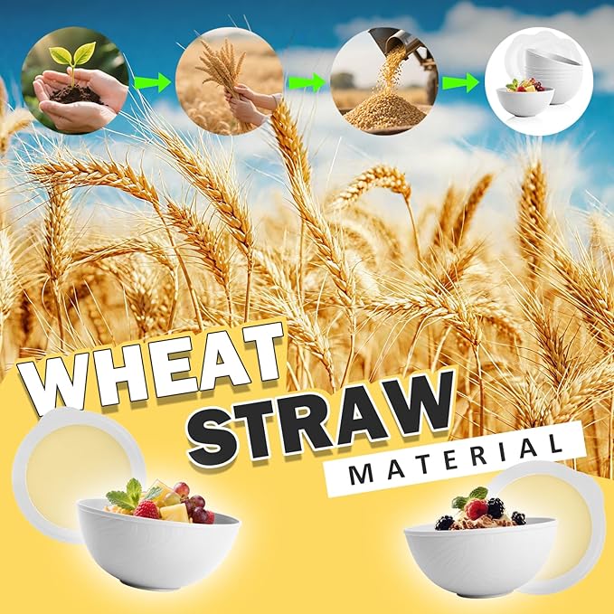 Wheat Straw Bowls Set 40 OZ, Unbreakable Bowls with Dust-Proof Lids Set of 4, Microwave & Dishwasher Safe, Alternative Reusable Plastic Bowl for Cereal, Soup, Salad and Ramen, White