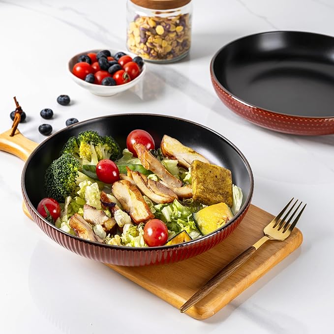 GBHOME 9.5'' Large Pasta Bowls, 42 Ounce Stoneware Salad Bowls for Kitchen, Ceramic Serving Bowls With Textured Pattern for Pasta,Fruit, Stews,Noodle, House-warming Gift, Set of 4-Rythmic Red