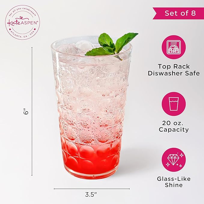 Kate Aspen Clear Plastic Drinking Glasses Set of 8, 19 oz, Hobnail Bubble Acrylic Glasses Drinkware, Plastic Tumblers Cups Dishwasher Safe, BPA-Free Acrylic Cups Reusable for Cocktails and Kitchens