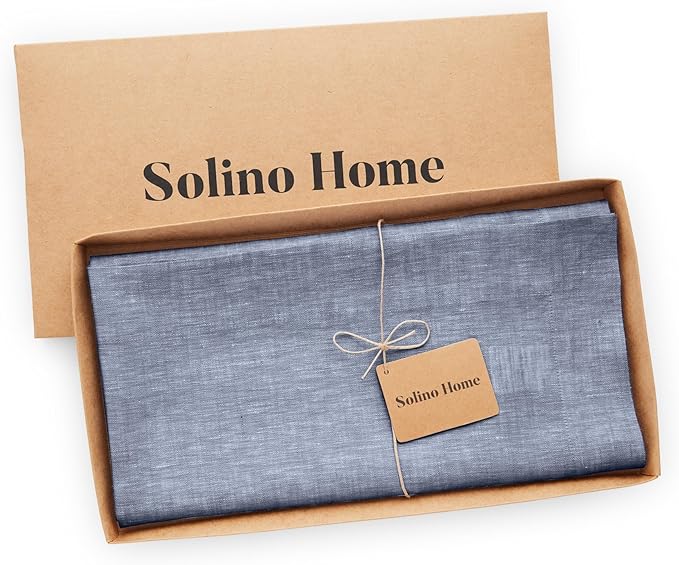 Solino Home Linen Cloth Tablecloth 52 x 52 Inch - 100% Pure Linen Chambray Indigo Square Tablecloth - Athena, Machine Washable Table Throw for Summer