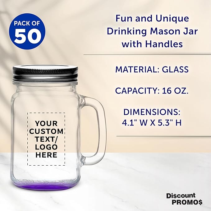 DISCOUNT PROMOS Custom Libbey Handle Mason Jars w/Lids 16 oz. Set of 50, Personalized Bulk Pack - Traditional style, High standard - Purple