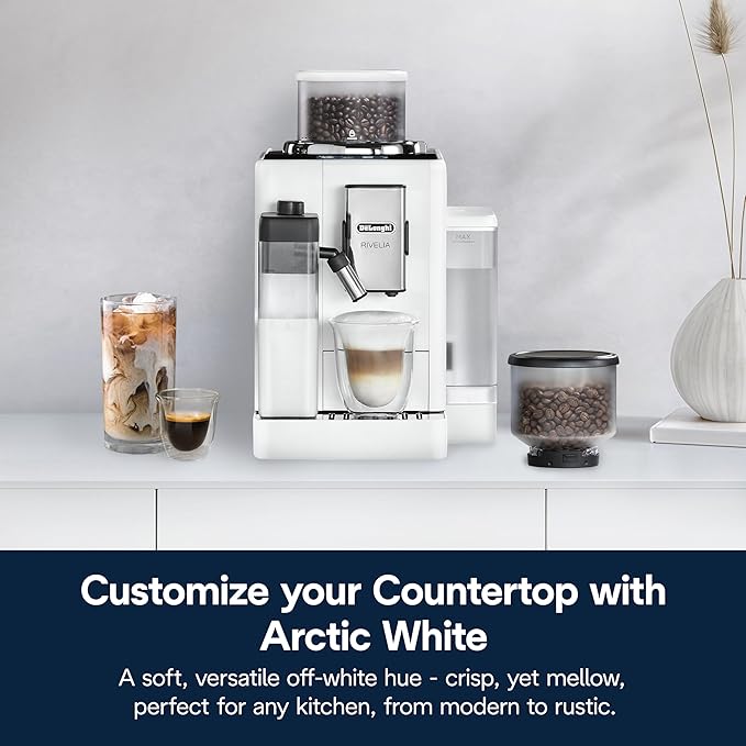 De'Longhi Rivelia Automatic Espresso Machine with Grinder & Milk Frother – All-in-One Coffee Maker, Hot & Iced Latte, Cappuccino, Bean Switch System, Burr Grinder, Compact Italian Design, White