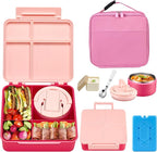 Bento Lunch Box with 8oz Soup Thermo,Kids Leakproof 4 Compartment Lunch Food Containers with Sauce Cup and Ice Pack,Kids Thermo Insulated Hot Food Jar and Lunch Bag for School,Trvael-Pink