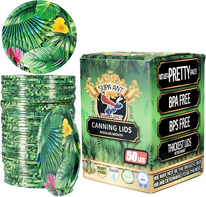 Supa Ant Thickest Canning Lids Regular Mouth (50 Pcs.) Food Grade Tin Can Lids for Canned Food - Buckle Proof & Rust Proof Lid for Canning Kit for Regular Mouth Mason Jars (Tropical) Canning Supplies