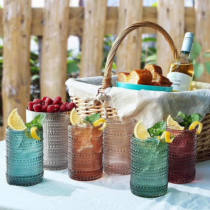 Khen Hobnail Beaded Highball Drinking Tumbler Glasses | Set of 6 | Color, Vintage Bubble Design Whiskey Glassware, Old-Fashioned, Embossed Design for Water, Wine, Cocktail Embossed, Rocks Glass