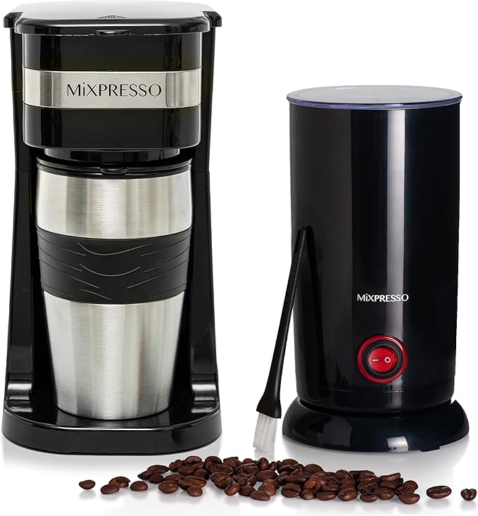 Mixpresso Personal Single-Serve Coffee Maker & 14oz Travel Mug, Drip Small Coffee Maker & Tumbler, Auto Shut Off & Reusable Filter, Compatible with Coffee Grounds Bundle With Electric Milk Frother - L