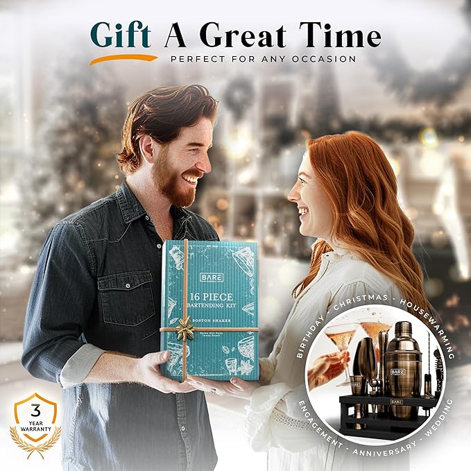 BARE BARREL® Mixology Bartender Kit Bar Set | 16-Piece Cocktail Shaker Set | Martini Barware Mixing Tools for Home Bartending | Incl. 35 Recipe Cards | Gift Set (24oz Cobbler Shaker, Brass/Black)