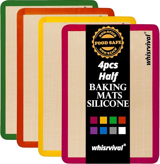 4 Pcs Half Sheet Silicone Baking Mat, Non-Stick, Food Safe Silicone Mats for Baking Cookies, Macarons, Vegetables, 480℉ Heat Resistant (Red&Yellow&Green&Orange)
