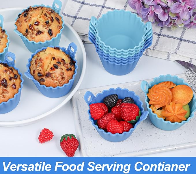 Koluti Nonstick Silicone Muffin Baking Cups Pack of 8, Reusable Cupcake Molds with Double Handle, BPA Free, Small Round Air Fryer Cupcakes Liner, 2 Colors