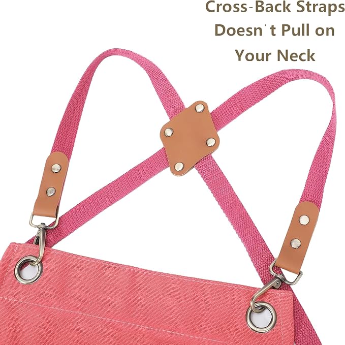 AFUN Chef Aprons for Women Men with Large Pockets, Cotton Canvas Cross Back Water Repellent Work Apron, Size M to XXL (Pink)