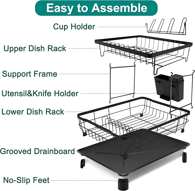 2-Tier Dish Drying Rack for Kitchen Counter,Space-Saving Dish Rack with Drainboard,Rustproof Countertop Dish Drainer with Utensil Holder for Sink,Black