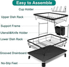 2-Tier Dish Drying Rack for Kitchen Counter,Space-Saving Dish Rack with Drainboard,Rustproof Countertop Dish Drainer with Utensil Holder for Sink,Black