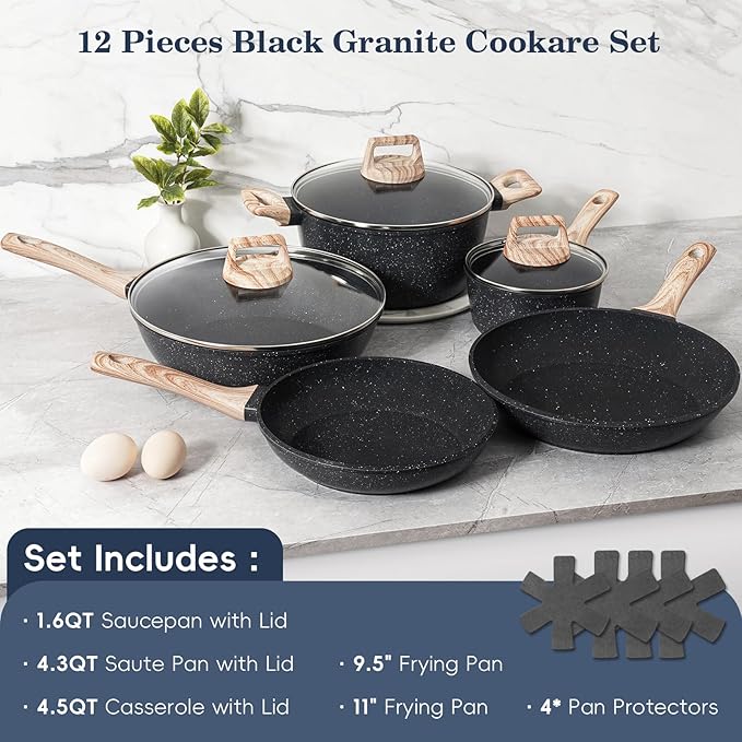 12 Pcs Pots and Pans Set Non stick, Cookware Sets Black Granite Induction Cookware, Non-toxic Healthy Nonstick Kitchen Cooking Set with Frying Pans Set, Saucepans (PFAS/PFOA/PFOS Free)