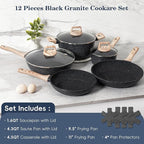 12 Pcs Pots and Pans Set Non stick, Cookware Sets Black Granite Induction Cookware, Non-toxic Healthy Nonstick Kitchen Cooking Set with Frying Pans Set, Saucepans (PFAS/PFOA/PFOS Free)