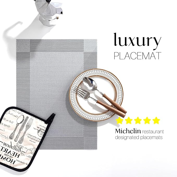 LEXMORE Placemats Set of 8 Vinyl/Plastic Woven Place Mats for Kitchen Table Indoor/Outdoor Washable Placemat Wipeable Dining Table Mats(Silver Cube)