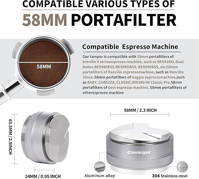 58mm Coffee Distributor and Tamper,Dual Head Coffee Leveler Fits for Gaggia E61 58mm Portafilter,Professional Espresso Hand Tamper.(Silver)