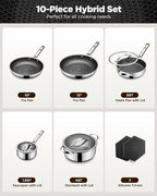 Pots and Pans Set Hybrid Stainless Steel, 10PC Nonstick Tri-Ply Cookware Set w/Frying pan, Dishwasher & Oven Safe, PFOA-Free, Metal Utensil Safe, Suitable for All Cooktops