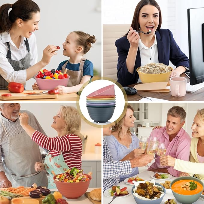 Wheat Straw Bowls, 34 Oz Large Microwave Dishwasher Safe Plastic Cereal Soup Bowls Sets of 8 Reusable, Unbreakable Deep BPA-Free for Ramen Salad Noodle, Multicolor
