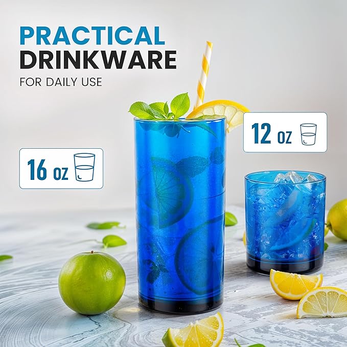 Zulay Kitchen Acrylic Glasses Drinkware - 8 Piece Unbreakable Plastic Tumblers - BPA-Free, Reusable Plastic Drinking Glasses for Home & Outdoors - Stackable, Lead-Free, Dishwasher Safe, Blue (12&16oz)
