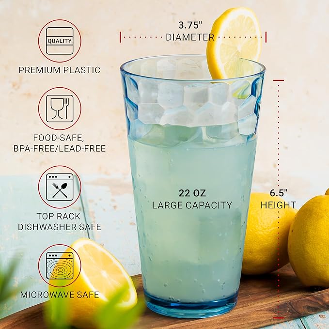 Hammered Plastic Drinking Tumbler, Dishwasher-Safe Premium Quality Water Glasses, BPA-Free Reusable Mixed Colors Assorted Stackable Cups, 22 oz Set of 6