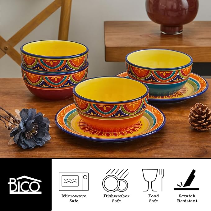 Bico Tunisian Cereal Bowls Set of 4, 26 oz Deep Ceramic Soup Bowls for Cereal, Salad, Noodles, Kitchen, Microwave and Dishwasher Safe, Gift for Housewarming and Thanksgiving