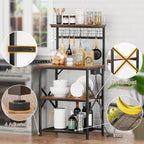 Furologee Kitchen Bakers Rack with Power Outlet, Microwave Oven Stand with Storage 4 Tiers, Coffee Bar Table with 6 S Hooks, Kitchen Storage Shelf Rack for Spices, Pots, Rustic Brown