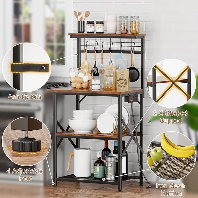 Furologee Kitchen Bakers Rack with Power Outlet, Microwave Oven Stand with Storage 4 Tiers, Coffee Bar Table with 6 S Hooks, Kitchen Storage Shelf Rack for Spices, Pots, Rustic Brown
