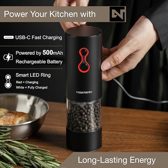 Electric Salt and Pepper Grinder Set USB-C Rechargeable, Dual-Speed Automatic Salt and Pepper Mills with Adjustable Grind Levels, Ceramic Burr, LED Light, Refillable, (Carbon Black)