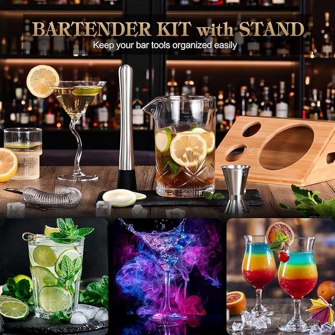 Cocktail Mixing Glass, veecom 6 Piece Crystal Bar Mixing Glass Bartender Set with Bamboo Stand, 18oz Old Fashioned Kit Cocktail Beaker Glass Set with Strainer, Muddler, Spoon, Jigger