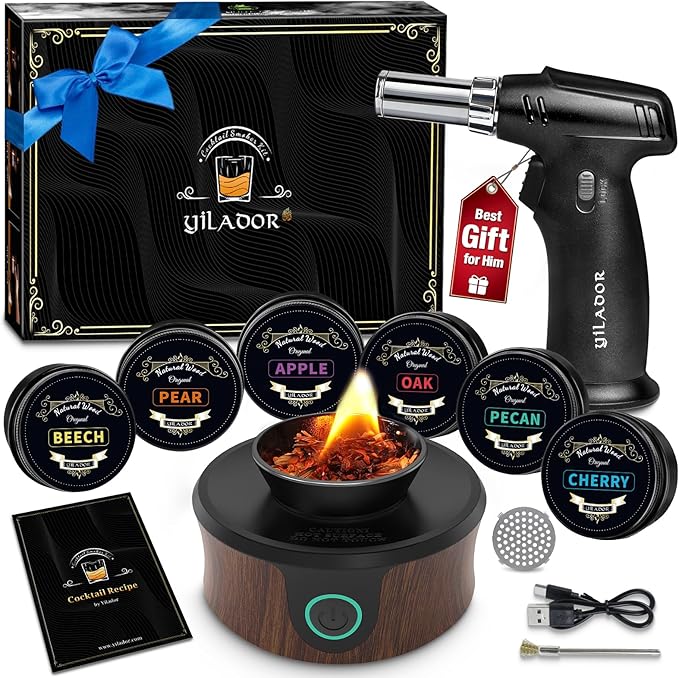 Electric Whiskey Smoker Kit with Torch, Best Whiskey Gifts for Men, 6 Wood Chips – Infuse Rich Smoky Flavors in Bourbon Old Fashioned & Cocktails, Birthday Gifts for Dad, Husband (Butane Not Included)