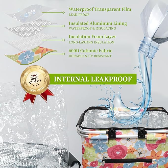 Insulated Picnic Basket,40L Leak-Proof Cooler Bag,Grocery Basket with Lid,2 Sturdy Handles,Storage Basket for Picnic, Picnic Basket for 4 Persons (Flower)