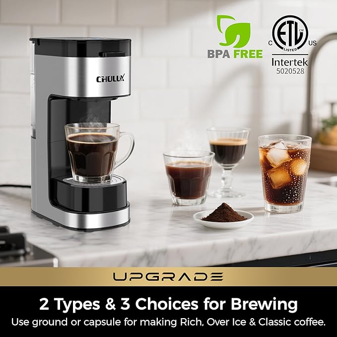 CHULUX Upgrade Single Serve Coffee Maker Machine for K Cup and Grounds with 2 Mins Brew One Cup, 3 Brew Choices, Removable 14oz Reservoir & Drip Tray