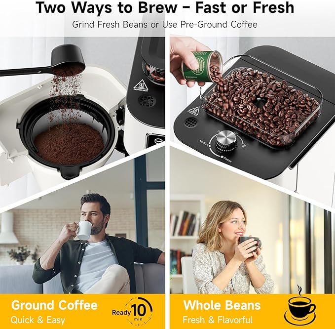 Drip Coffee Maker with Built-in Grinder, 10-Cup Coffee Machine with 24-Hour Delay Timer, Touch Screen, Self-Cleaning, Reusable Filter, 1.5L Removable Water Tank, Warming Plate, White