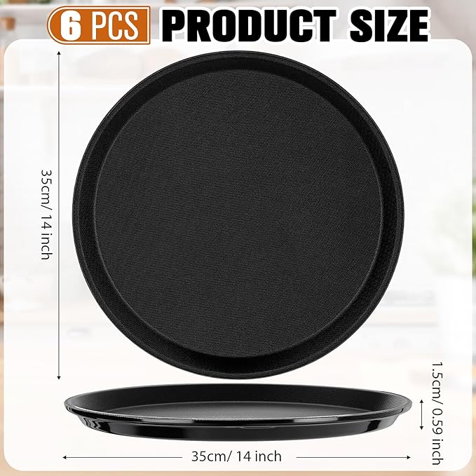 Zopeal 6 Pieces Black Round Restaurant Serving Tray, Plastic Non Slip Surface Food Meals Server Tray with Raised Edges for Home, Kitchen, Restaurant, Cafeteria, Bar (14")