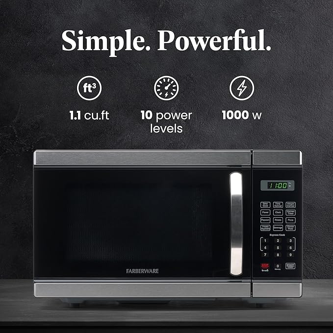 Farberware Countertop Microwave 1000 Watts, 1.1 Cu. Ft. - Microwave Oven With LED Lighting and Child Lock - Perfect for Apartments and Dorms - Easy Clean Stainless Steel